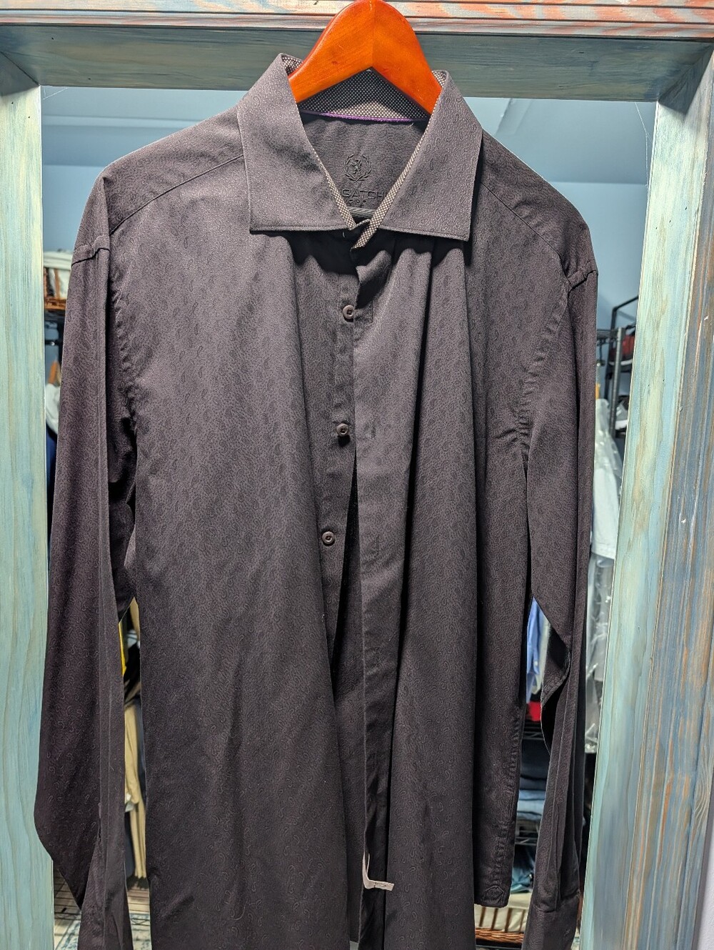 Bugatchi Uomo Mens 17.5 36/37 XL Black Paisley Jacquard Long Sleeve Dress Shirt